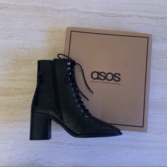 ASOS black croc lace-up boots - Picture 1 of 5